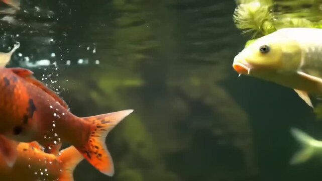 Colorful koi fish swimming underwater in a calm pond environment