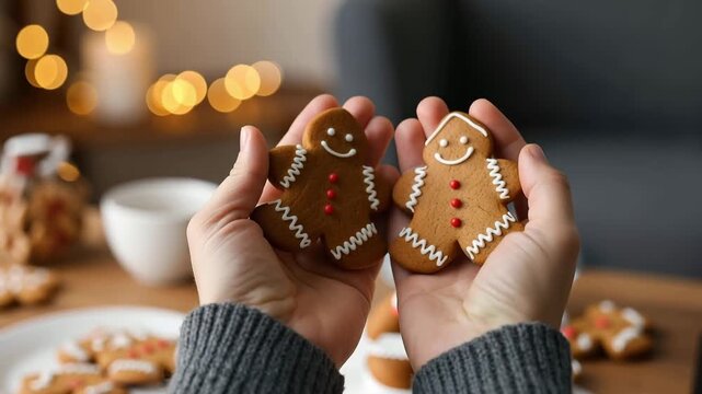 Hands holding two decorated gingerbread cookies, festive holiday treat with cozy Christmas atmosphere and blurred lights background
