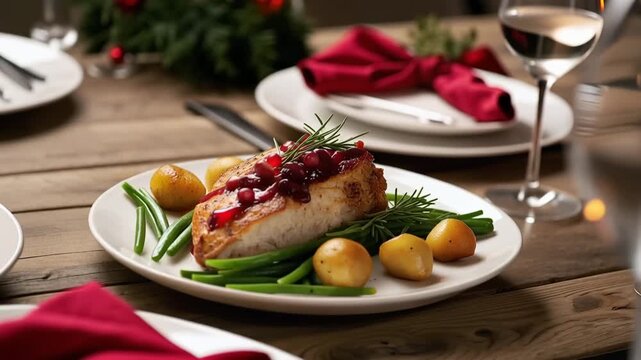 Roasted turkey breast with cranberry sauce and potatoes on festive holiday table, gourmet Christmas or Thanksgiving dinner presentation with wine glass