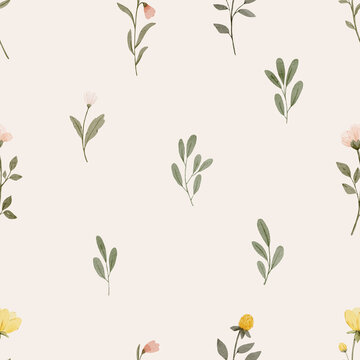 Delicate seamless pattern with scattered watercolor leaves and small flowers on a beige background. Minimal botanical design for nursery decor and soft textile prints