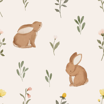 Charming seamless pattern with watercolor rabbits and small floral elements on a soft background. Cute woodland design for nursery decor and baby fabrics