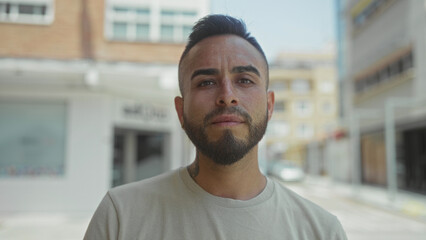 Fototapeta premium Man with beard and shaved sides looks to the side on street in city outdoors, closeup head and shoulders, wearing light t shirt; urban confidence.