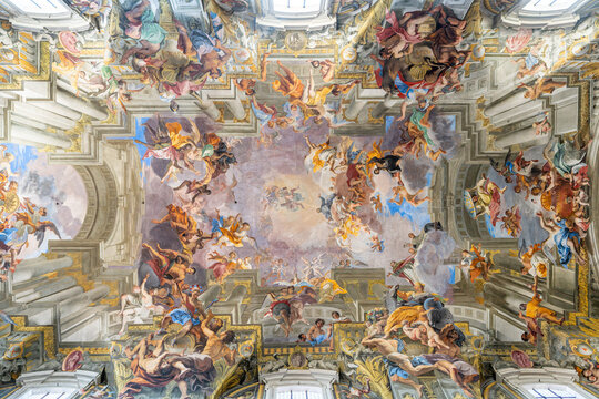 Italy - Rome - Saint Ignatius Loyola Church - Magnificent nave vault displays illusionistic baroque frescoes with angels soaring above