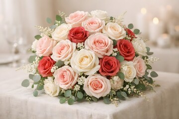 Romantic mixed rose centerpiece on table with soft bokeh background
