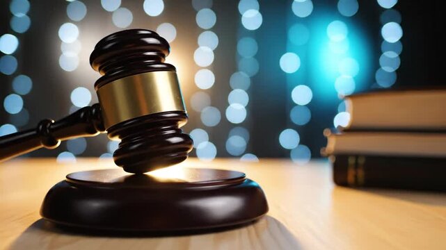 A judge's gavel lies on a wooden table beside law books in a courtroom setting with bokeh lights
