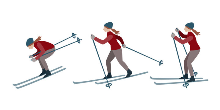 Cross-country skiing woman, various skiing positions.