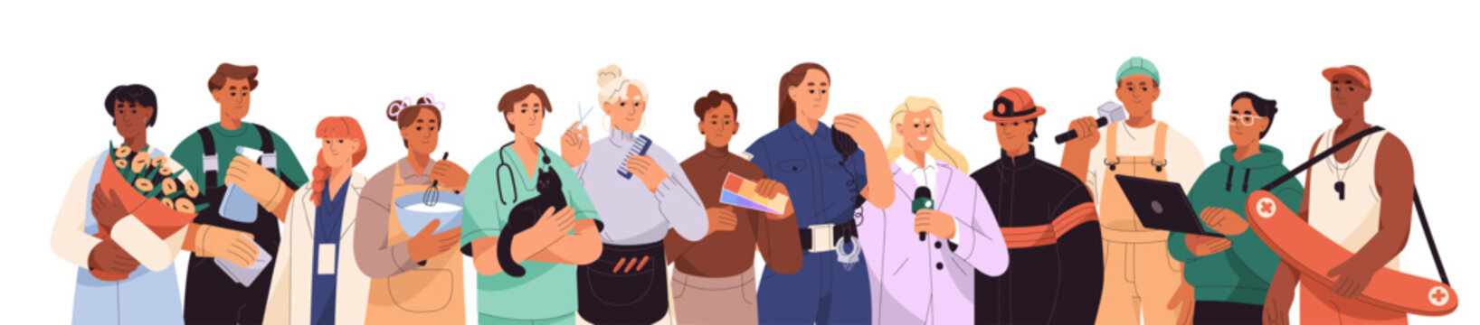 Diverse people of different professions row. Group of workers of various jobs, business occupation. Doctor, police, firefighter, programmer stand together. Flat isolated vector illustration on white.