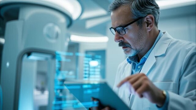 Scientist Working with Advanced Technology: A focused male scientist in a white lab coat uses a tablet in a modern laboratory, surrounded by futuristic equipment and holographic displays.