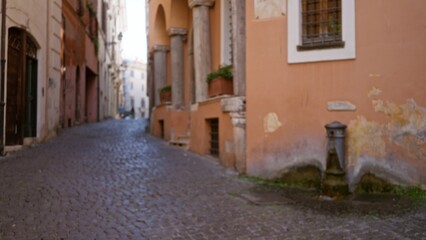 Fototapeta premium Narrow cobblestone alley with weathered terracotta facades in a soft defocused view; backdrop copyspace calm.