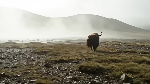Foggy alpine meadow with a large yak moving away, atmospheric scenery, nature, wildlife, animal, livestock, Tibet, Asian highland, misty environment.