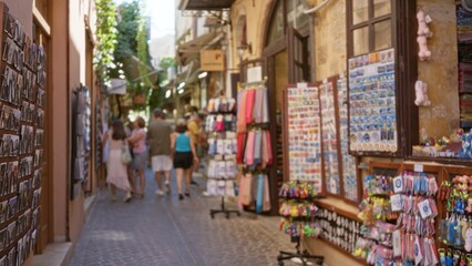 Naklejka premium Narrow market street in soft blurred bokeh focus with distant storefronts, street; background backplate copyspace.