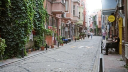 Narrow cobblestone street softly blurred with bokeh, leafy facades and potted planters  background backdrop copyspace. © Krakenimages.com