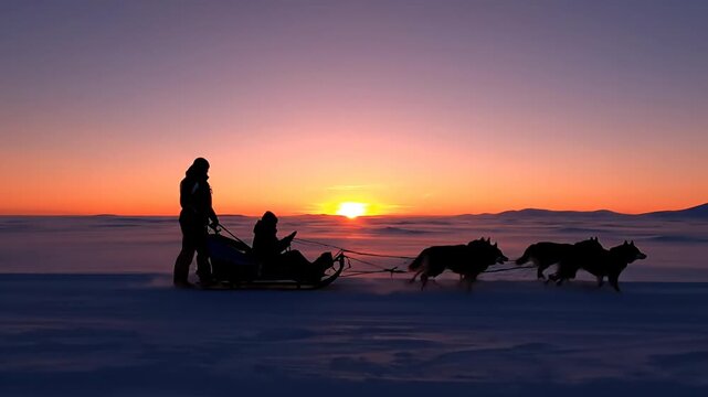 Dog sledding adventure at sunrise or sunset in a vast snowy landscape with husky team pulling sled in silhouette, showcasing winter wilderness and nature harmony video footage