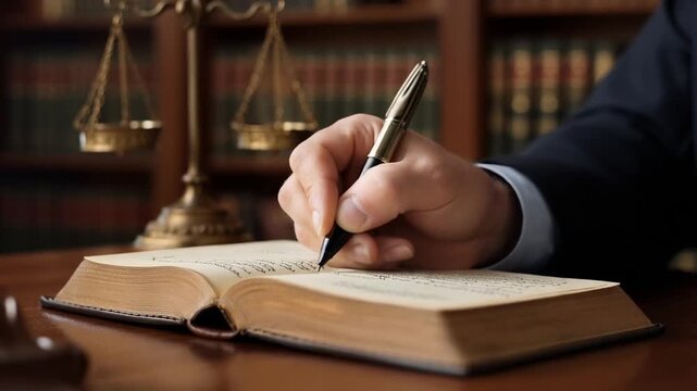 A person in a suit is writing in an open book with a fountain pen on a wooden desk