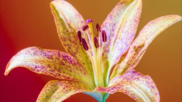 closeup lily stamen vibrant speckled petals studio detail, pollination research vibe with sharp anther focus, rich warm tones, tactile petal surface,