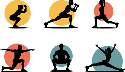 Obraz premium Six Silhouette Icons Depicting Women and Men Performing Various Yoga Poses and Fitness Exercises Inside Colorful Circles for Health and Wellness Branding
