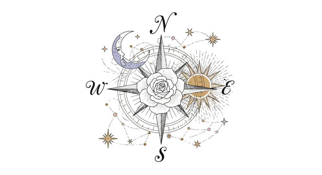 Artistic celestial compass rose with moon, sun, and stars in elegant design.