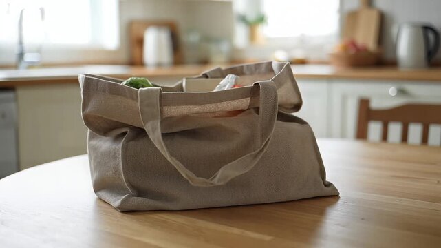 A reusable bag filled with groceries sits on a wooden kitchen table in a well-lit modern home environment viewed from the side