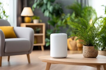 Cozy Living Room Corner with Air Purifier and Green Plant Decor
