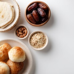 Fototapeta premium Ramadan food and accessories flat lay isolated on white background