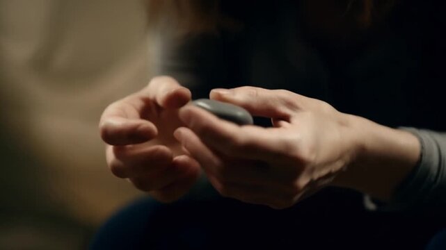 A person's hands are clasped together in a contemplative gesture