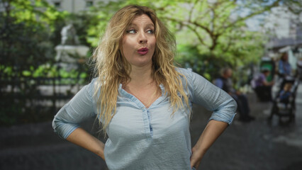 Obraz premium Woman with hands on hips on a street near a fountain, loose blonde hair and open mouth mid gesture; frustration candid moment.