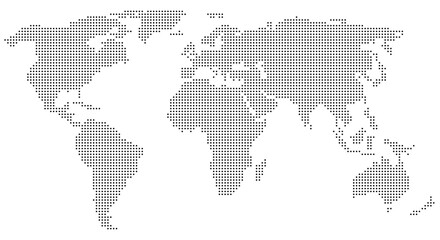 Halftone world map with dot pattern, dotted globe continents graphic, black and white Earth planet, global geography elements, digital simple travel infographics. Vector isolated concept © SyedDesigner