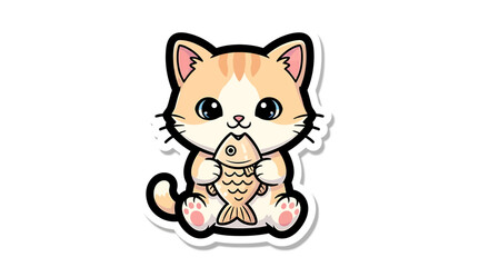 Obraz premium Cute cartoon cat holding a fish, isolated on white background