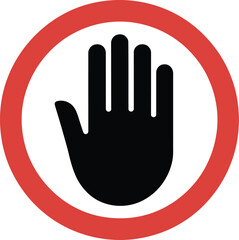 Fototapeta premium Universal stop or halt symbol featuring a raised human hand inside a red circular border, signifying caution, refusal, boundary, or access denied in traffic or informational signage.