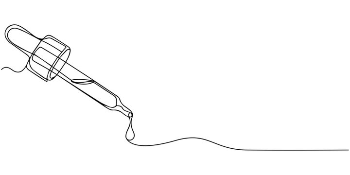 Clear Glass Dropper with Liquid Drop continuous one line drawing, Clear Glass Dropper with Liquid Drop continuous one line drawing, Drops in a bottle with a pipette, serum, cosmetic product one line