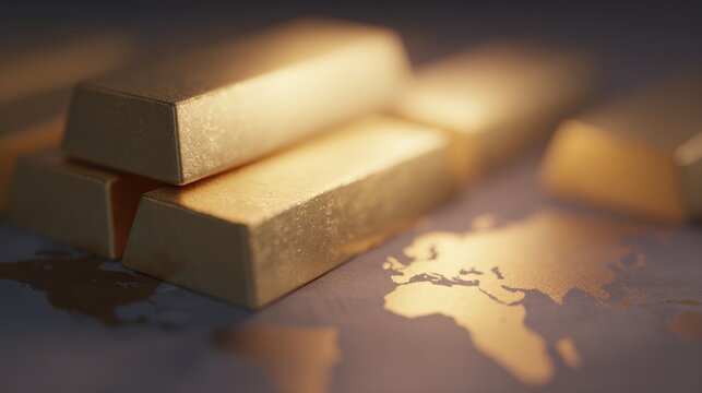 gold bars stacked with glowing world map overlay, global finance and investment concept, cinematic lighting