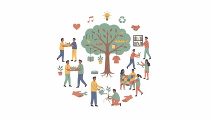 Fototapeta premium Community members engage in eco-friendly activities around a thriving tree, promoting sustainability and unity in a vibrant illustration.