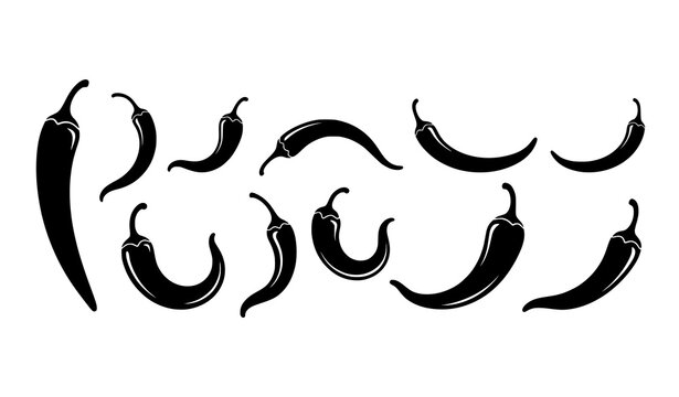 Spicy chili pepper silhouette icon collection in circular layout isolated on white