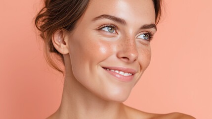 Fototapeta premium Sun kissed glass skin with warm highlights pastel coral glow, smiling woman with freckles and clear complexion, soft natural makeup and relaxed expression