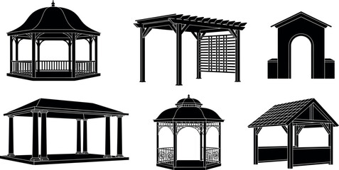 Black silhouette collection of gazebos, pergolas, garden pavilions, wooden canopies, backyard shelters and park outdoor structures isolated on white