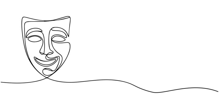 World theater day banner design, with character mask sketch, continuous one line drawing, one line Art icon drawing, Greek mask one line drawing, opera event symbols continuous hand drawn, mask one.