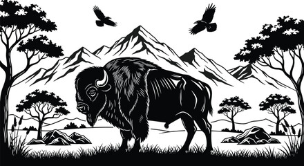 Black and white woodcut illustration of a powerful American bison standing in a mountain landscape with trees and flying birds for nature wilderness, © MDRAZIURRAHMAN