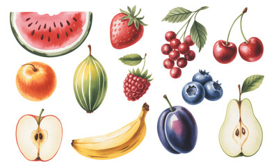 Fresh summer fruits assortment painted in natural watercolor. Summer fruit collection in fresh watercolor style.
