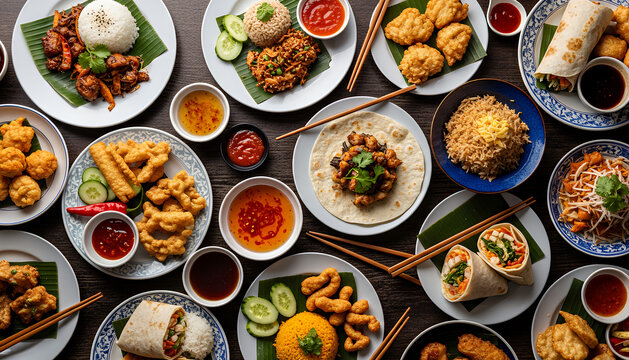 Asian fusion food spread featuring rice dishes, fried chicken, wraps, dipping sauces, and vegetables served on plates with banana leaves in an overhead table setting.