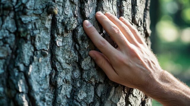Gentle touch on tree bark: connection with nature in tranquil forest setting