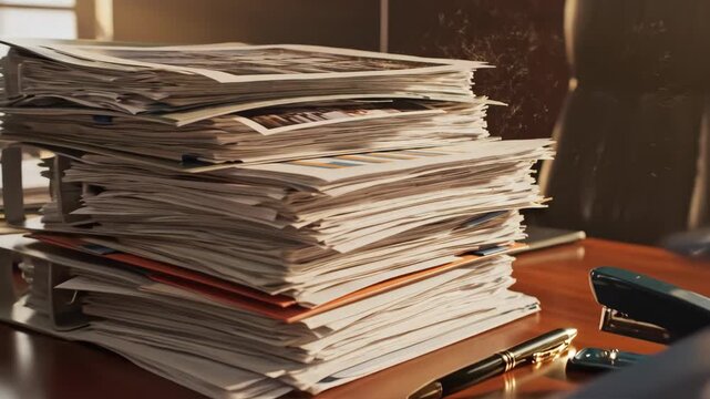 Stack of disorganized paperwork with a stapler on a wooden desk in a dimly lit office with warm tones.