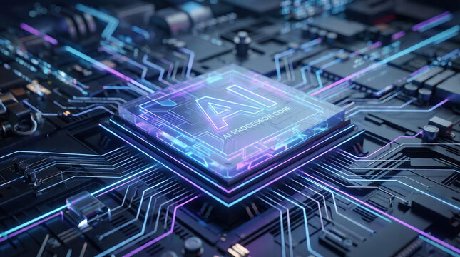 A smart artificial intelligence microchip powers a complex hardware network with glowing circuit lines.