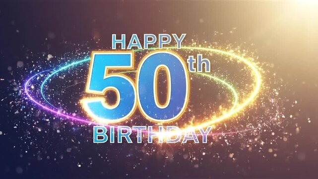 Happy 50th Birthday Celebration with Colorful Sparkling Text and Glitter on Dark Background