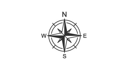 Black and White Compass Rose Navigation Icon, isolated white background.