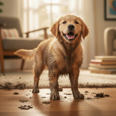 Perro golden retriever manchado de barro en un salón acogedor con luz cálida, el suelo del salón está embarrado y sucio.