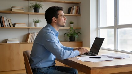 Man working on laptop by window