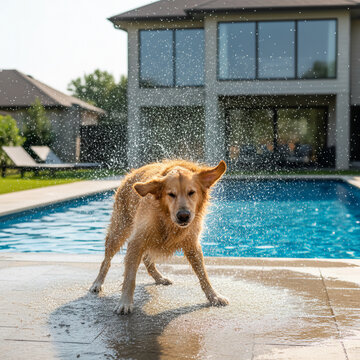Perro golden retriever sacudi&eacute;ndose el agua despu&eacute;s de darse un ba&ntilde;o en la piscina privada de la casa de sud due&ntilde;os. Se observan las gotas de agua del animal y el suelo mojado de la zona de ba&ntilde;o.