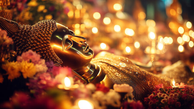 Parinirvana Day, Golden Reclining Buddha Statue Illuminated by Candlelight and Flower Offerings During Solemn Parinirvana Day Observance