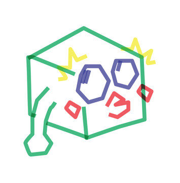 Simple green cube character with funny face and expressive arms representing a carnival block member