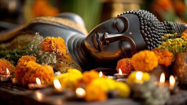 Parinirvana Day, Peaceful Reclining Buddha Adorned with Marigold Flowers and Candlelight Honoring Parinirvana Day in Buddhist Tradition
